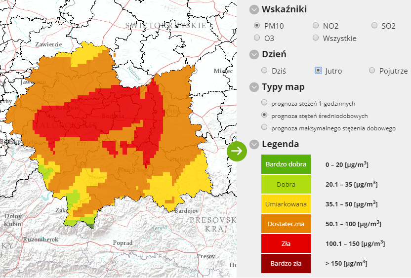 Mapa wystąpieniu ryzyka przekroczenia poziomu informowania pyłu zawieszonego PM10