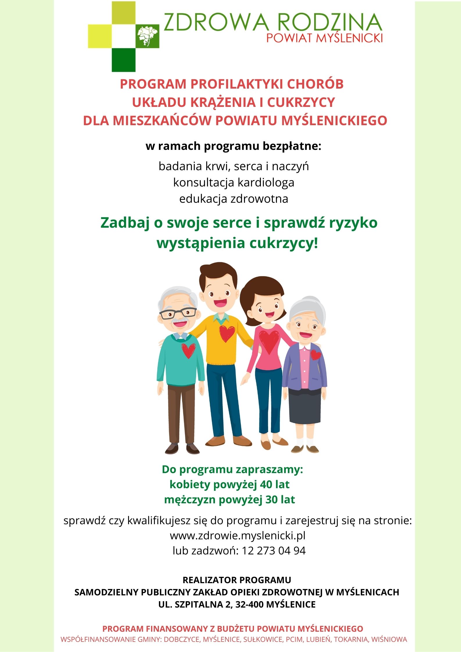 Plakat: Program profilaktyki chorób układu krążenia i cukrzycy dla mieszkańców powiatu myślenickiego