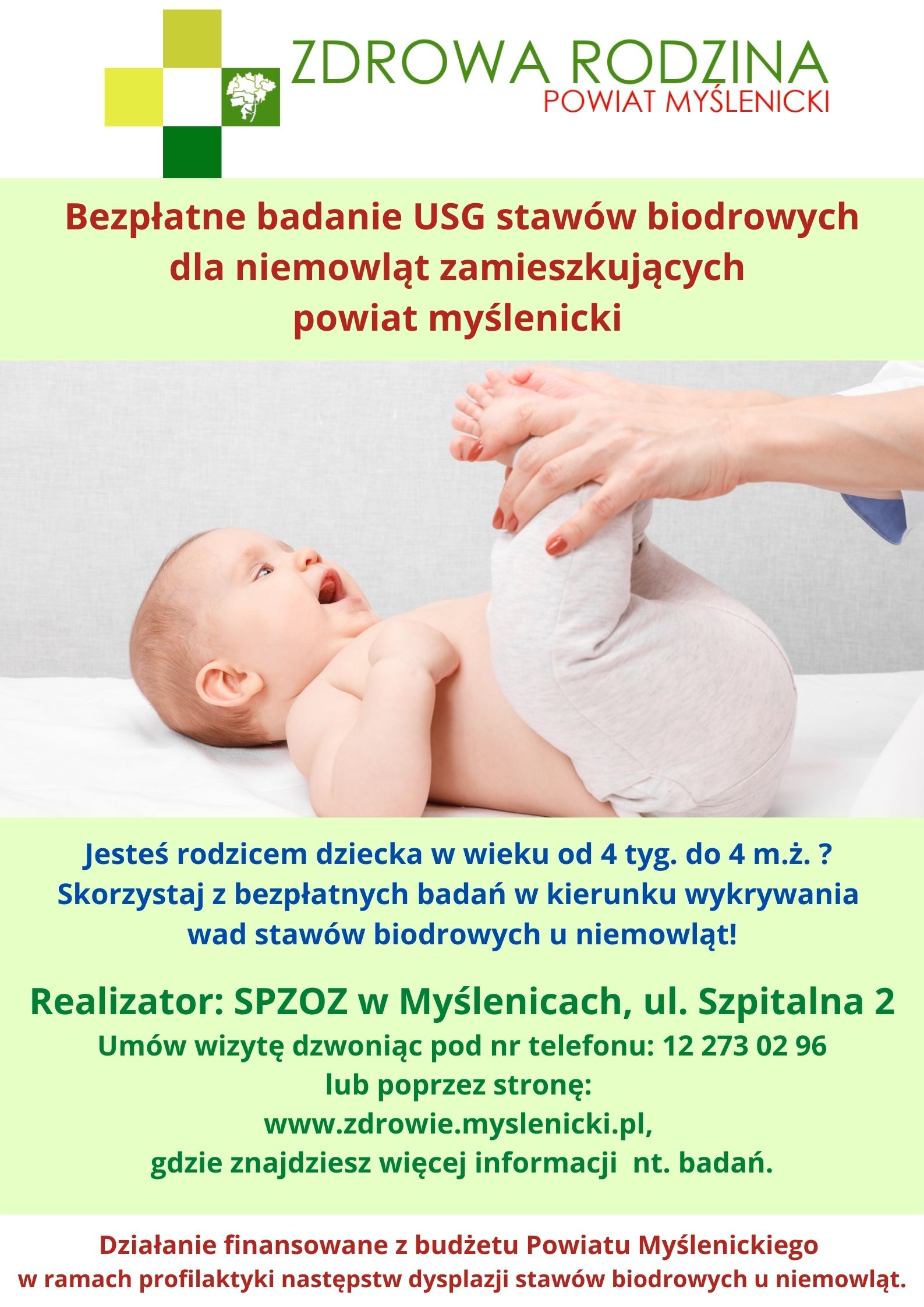 Grafika ulotki bezpłatnych badań usg stawów biodrowych u niemowląt 