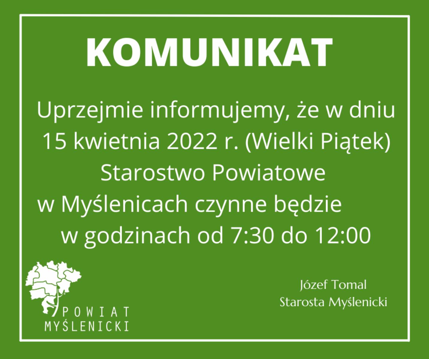Informacja w sprawie godzin pracy urzędu w dniu 15.04.2022 r.