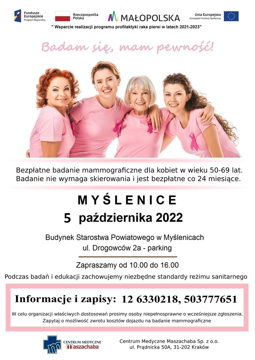 Zapraszamy Panie w wieku 50-69 na bezpłatne badania mammograficzne przy budynku  Starostwa w Myślenicach!