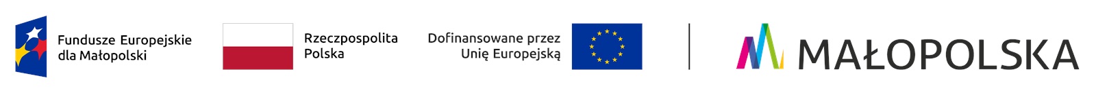 Zestawienie logotypów zawierające od lewej znak Funduszy Europejskich z podpisem Fundusze Europejskie dla Małopolski (granatowy trapez, w jego środku trzy pięcioramienne gwiazdy: biała, czerwona, żółta. Z prawej strony trapezu napis Fundusze Europejskie dla Małopolski), następnie flaga Rzeczypospolitej Polskiej (biało czerwony prostokąt, obok napis Rzeczypospolita Polska), następnie znak Unii Europejskiej złożony z napisu Dofinansowane przez Unię Europejską i flagi Unii Europejskiej (granatowy prostokąt, pośrodku okrąg złożony z 12 złotych gwiazd). Po pionowej linii rozdzielającej, oficjalne logo województwa małopolskiego (wielobarwna wstęga ułożona w kształt litery M, za nią napis dużymi literami MAŁOPOLSKA) 